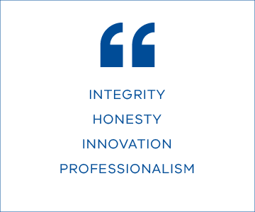 Integrity, honesty, innovation and professionalism.